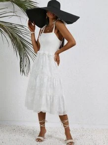 SHEIN VCAY Vestido de tirantes jacquard bajo con fruncido - Blanco - Ver 1