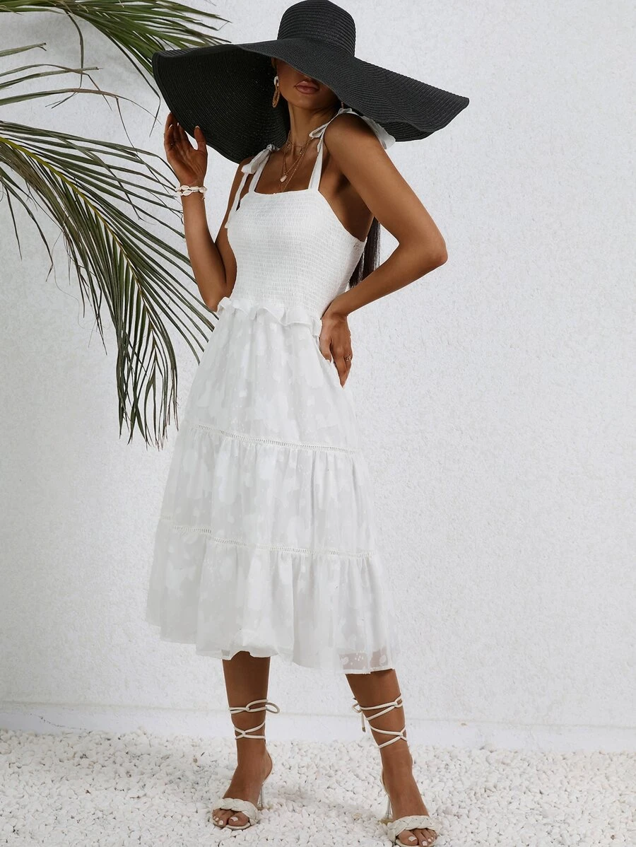 SHEIN VCAY Vestido de tirantes jacquard bajo con fruncido - Blanco - Ver 1