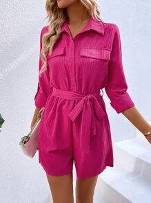 SHEIN Essnce Flap Detail Belted Shirt Romper - Hot Pink - View 1