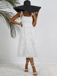 SHEIN VCAY Vestido de tirantes jacquard bajo con fruncido - Blanco - Ver 3