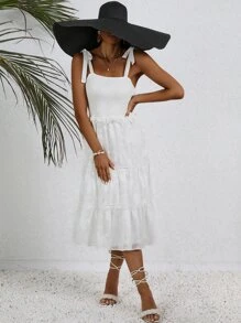 SHEIN VCAY Vestido de tirantes jacquard bajo con fruncido - Blanco - Ver 4