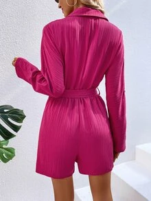SHEIN Essnce Flap Detail Belted Shirt Romper - Hot Pink - View 2