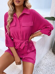 SHEIN Essnce Flap Detail Belted Shirt Romper - Hot Pink - View 3
