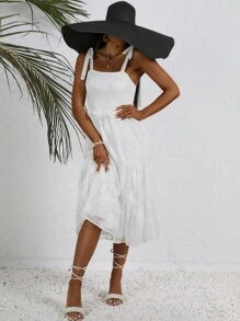 SHEIN VCAY Vestido de tirantes jacquard bajo con fruncido - Blanco - Ver 5