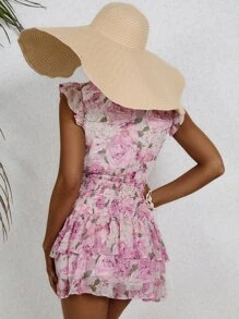 GENKIRA Đầm viền lá sen Dải chun phân lớp Hoa Tất cả trên in Boho - Hồng - Xem 2