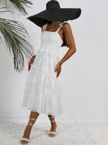 SHEIN VCAY Vestido de tirantes jacquard bajo con fruncido - Blanco - Ver 6