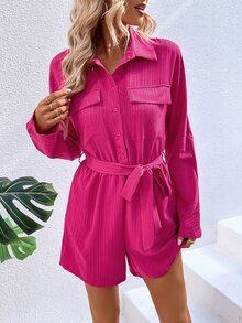SHEIN Essnce Flap Detail Belted Shirt Romper - Hot Pink - View 5