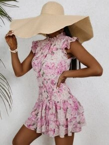 GENKIRA Đầm viền lá sen Dải chun phân lớp Hoa Tất cả trên in Boho - Hồng - Xem 3