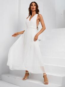 Aveloria 深V領交叉露背百褶下擺洋裝