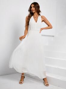 Aveloria 深V領交叉露背百褶下擺洋裝