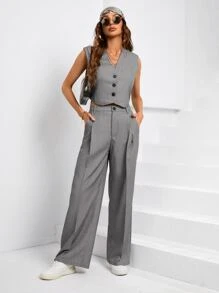 Aveloria Button Front Vest Blazer & Slant Pocket Wide Leg Trousers - Grey - View 1