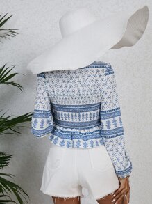 SHEIN VCAY All Over Print Square Neck Lantern Sleeve Beach Peplum Blouse - Blue and White - View 2