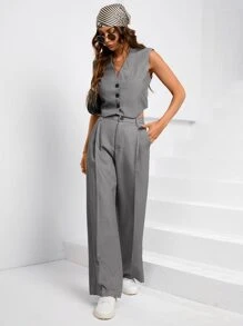Aveloria Button Front Vest Blazer & Slant Pocket Wide Leg Trousers - Grey - View 6