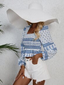 SHEIN VCAY All Over Print Square Neck Lantern Sleeve Beach Peplum Blouse - Blue and White - View 4