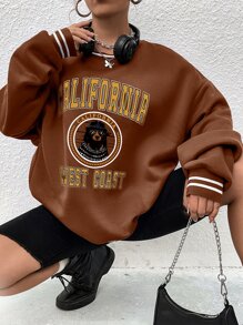 SHEIN Unity Letter Graphic Striped Trim Drop Shoulder Sweatshirt - Brown - View 1
