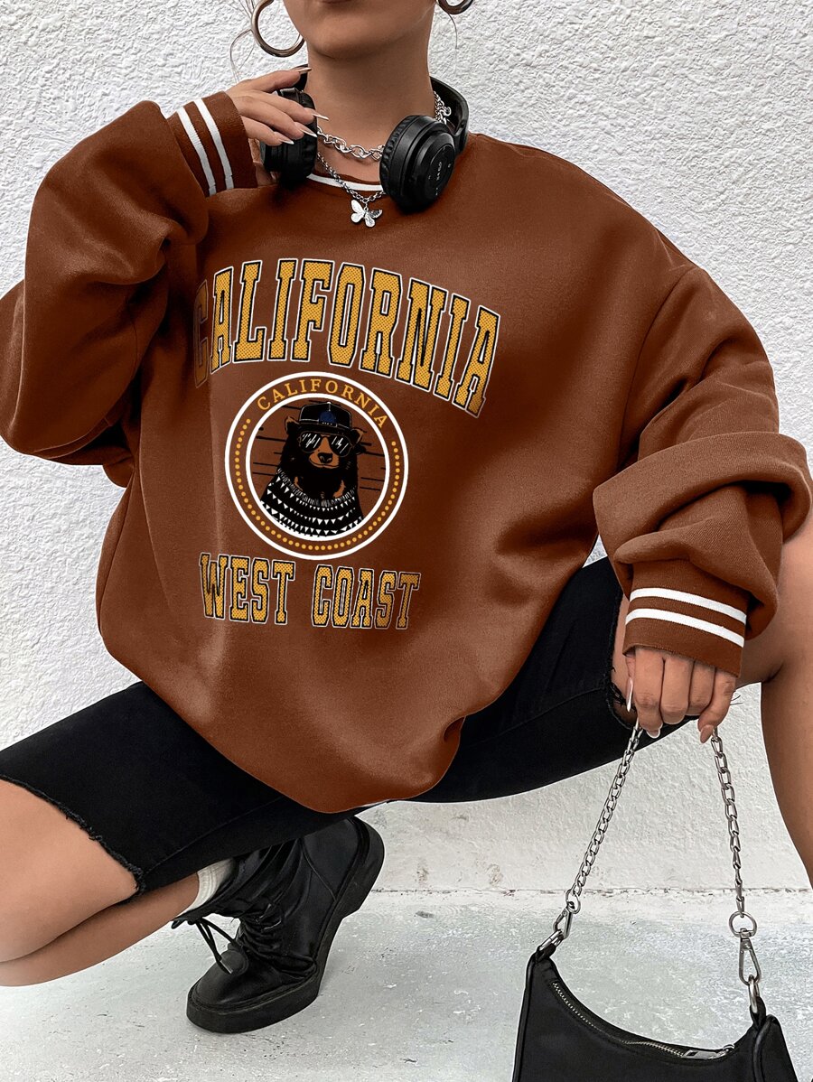 SHEIN Unity Letter Graphic Striped Trim Drop Shoulder Sweatshirt - Brown - View 1