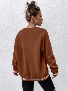 SHEIN Unity Letter Graphic Striped Trim Drop Shoulder Sweatshirt - Brown - View 2