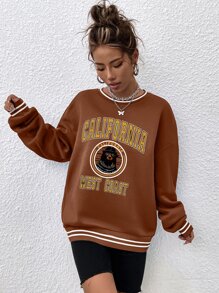 SHEIN Unity Letter Graphic Striped Trim Drop Shoulder Sweatshirt - Brown - View 3