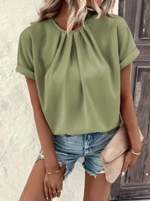 SHEIN LUNE Plicated Detail Dolman Sleeve Blouse - Green - View 3