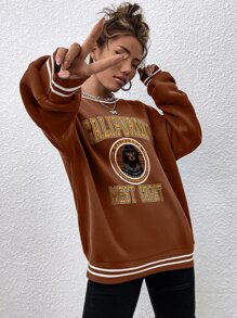 SHEIN Unity Letter Graphic Striped Trim Drop Shoulder Sweatshirt - Brown - View 5
