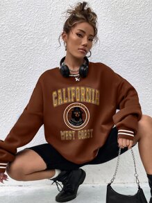 SHEIN Unity Letter Graphic Striped Trim Drop Shoulder Sweatshirt - Brown - View 6