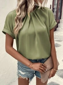 SHEIN LUNE Plicated Detail Dolman Sleeve Blouse - Green - View 4