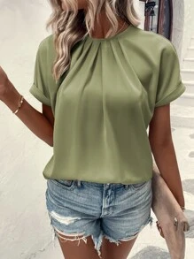 SHEIN LUNE Plicated Detail Dolman Sleeve Blouse - Green - View 5