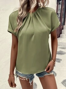 SHEIN LUNE Plicated Detail Dolman Sleeve Blouse - Green - View 6