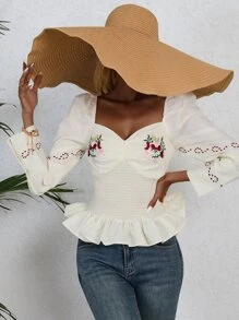 SHEIN VCAY Blusa con bordado floral escote corazón bajo con fruncido - Blanco - Ver 1
