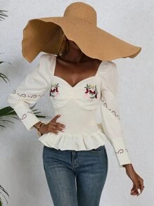 SHEIN VCAY Blusa con bordado floral escote corazón bajo con fruncido - Blanco - Ver 3