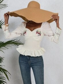 SHEIN VCAY Blusa con bordado floral escote corazón bajo con fruncido - Blanco - Ver 5