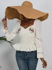 SHEIN VCAY Blusa con bordado floral escote corazón bajo con fruncido - Blanco - Ver 6