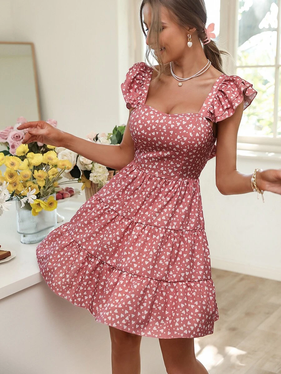 SHEIN VCAY Heart Print Layered Hem Dress - Pink - View 1