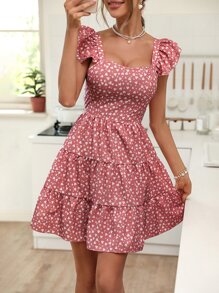 SHEIN VCAY Heart Print Layered Hem Dress - Pink - View 3