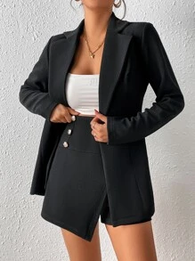 SHEIN Privé Lapel Neck Single Button Blazer & Asymmetrical Hem Skort - Black - View 5
