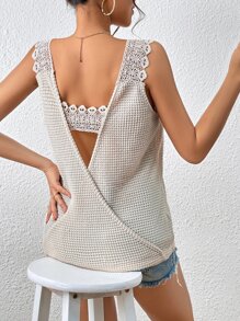 SHEIN Essnce Guipure Lace Panel Tank Top - Apricot - View 1