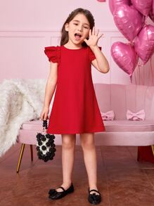 Young Girl Elegant Round Neck Puff Sleeve A-Line Knit Solid Color Dress - Red - View 1