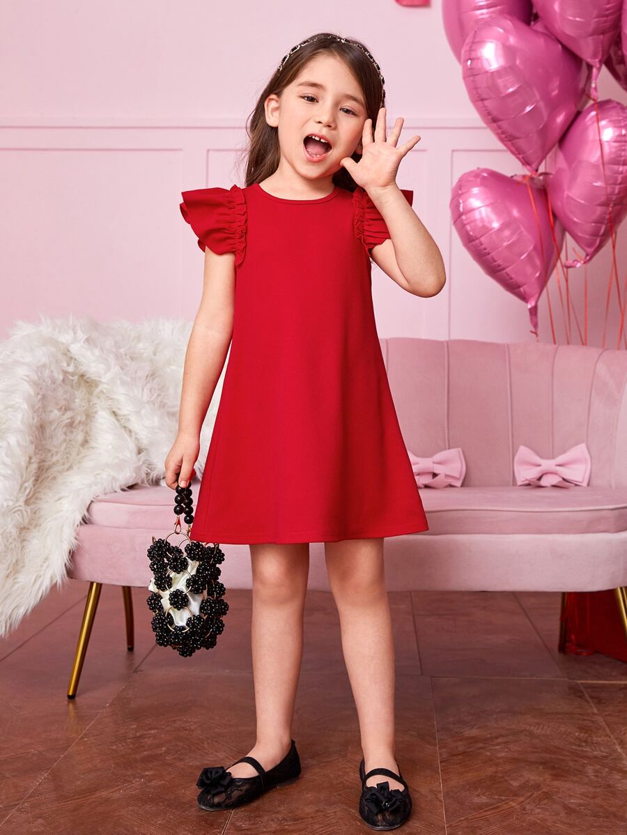 Young Girl Elegant Round Neck Puff Sleeve A-Line Knit Solid Color Dress - Red - View 1