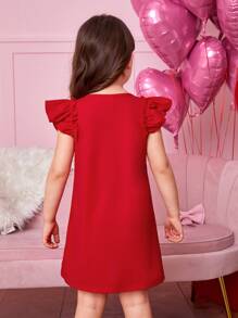 Young Girl Elegant Round Neck Puff Sleeve A-Line Knit Solid Color Dress - Red - View 2