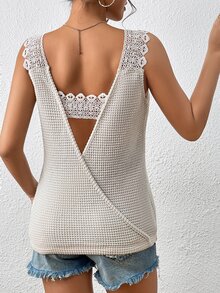 SHEIN Essnce Guipure Lace Panel Tank Top - Apricot - View 4