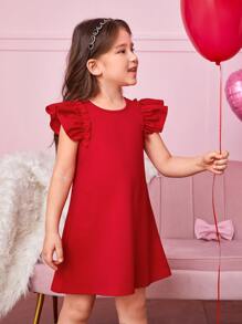 Young Girl Elegant Round Neck Puff Sleeve A-Line Knit Solid Color Dress - Red - View 3