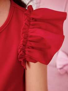 Young Girl Elegant Round Neck Puff Sleeve A-Line Knit Solid Color Dress - Red - View 4