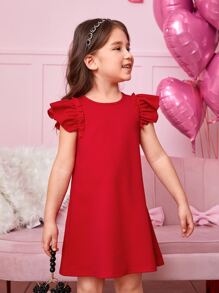 Young Girl Elegant Round Neck Puff Sleeve A-Line Knit Solid Color Dress - Red - View 5