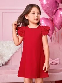 Young Girl Elegant Round Neck Puff Sleeve A-Line Knit Solid Color Dress - Red - View 6