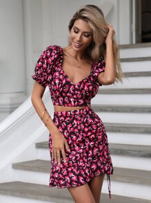 SHEIN WYWH Top crop con estampado de manga farol & Falda con cordón lateral bajo con fruncido