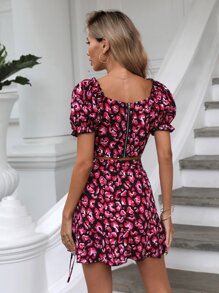 SHEIN WYWH Top crop con estampado de manga farol & Falda con cordón lateral bajo con fruncido