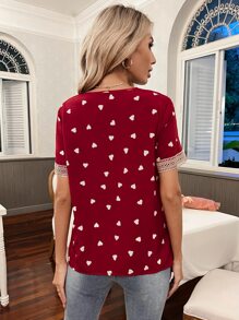 SHEIN LUNE Heart Print Guipure Lace Panel Blouse - Burgundy - View 2