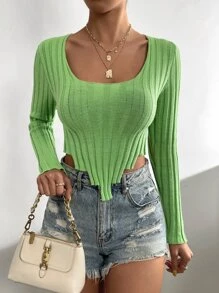 SHEIN Essnce Asymmetrical Hem Crop Jumper - Lime Green - View 6