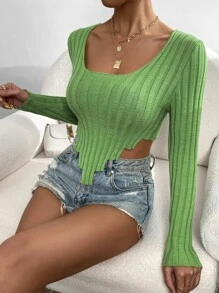 SHEIN Essnce Asymmetrical Hem Crop Jumper - Lime Green - View 3