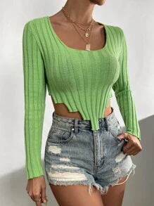 SHEIN Essnce Asymmetrical Hem Crop Jumper - Lime Green - View 4